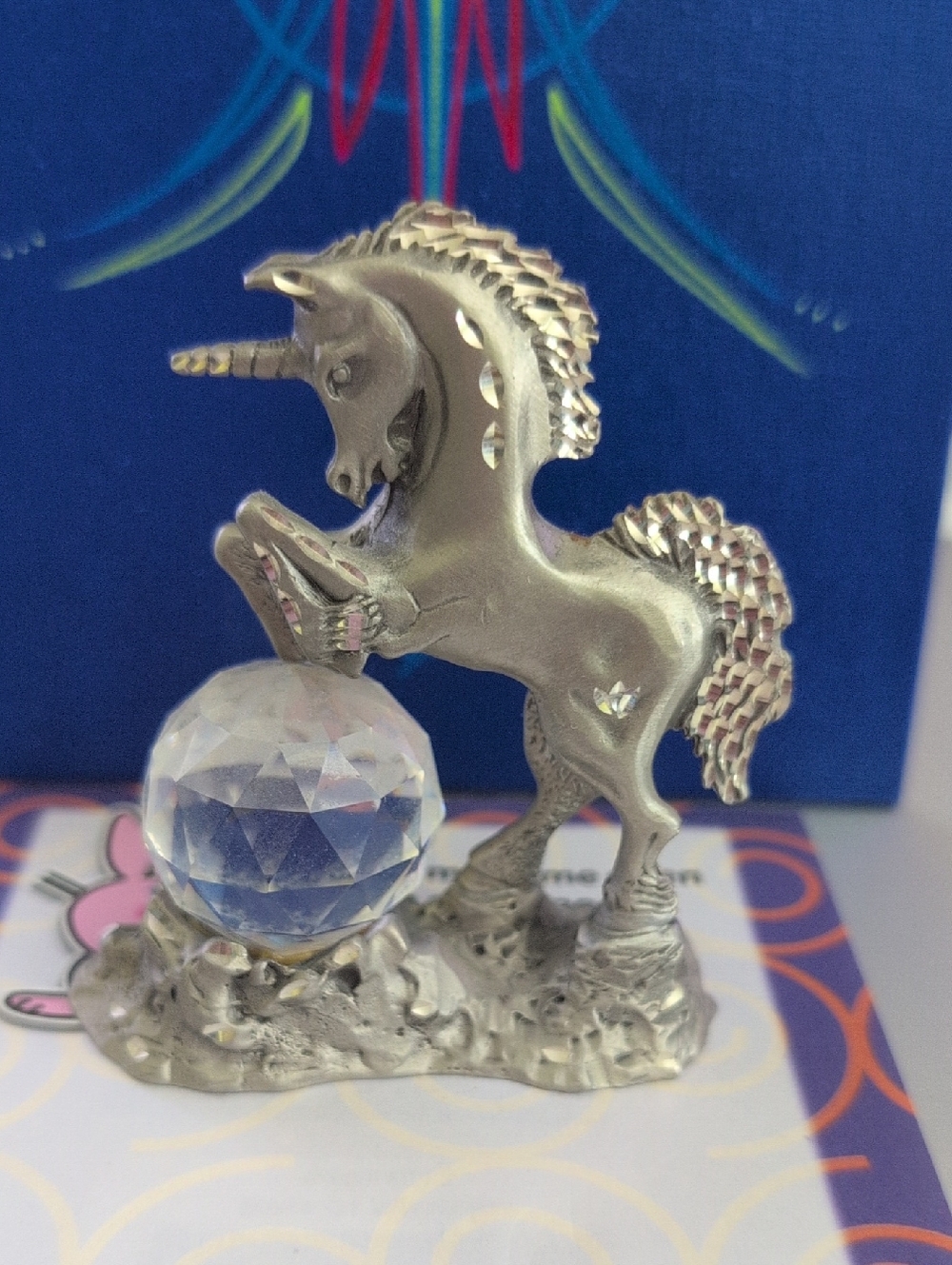 Vintage 80's Cutet Pewter ®Silver Unicorn Figurine with Crystal Ball